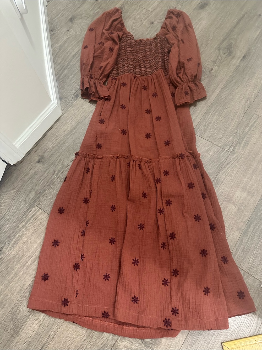 Rust Embroidered Smocked Midi Dress like new size small
